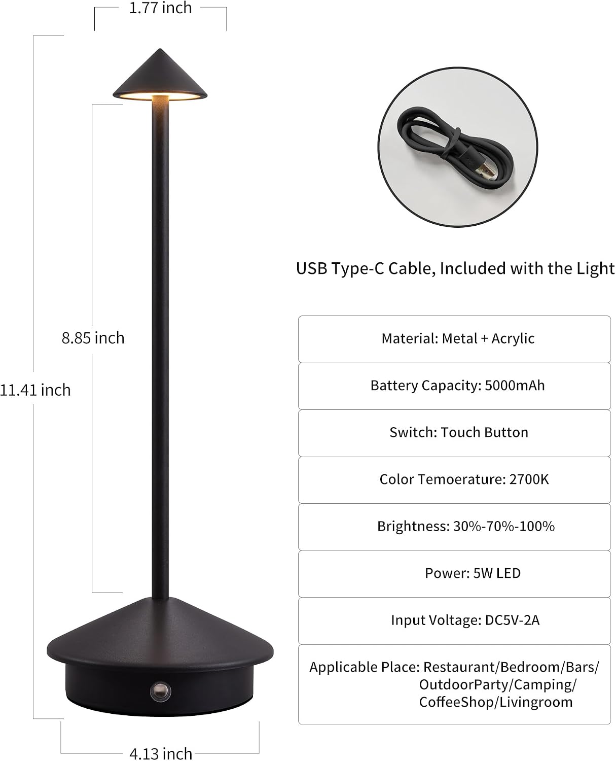 Black Portable Cordless Table Lamp Set