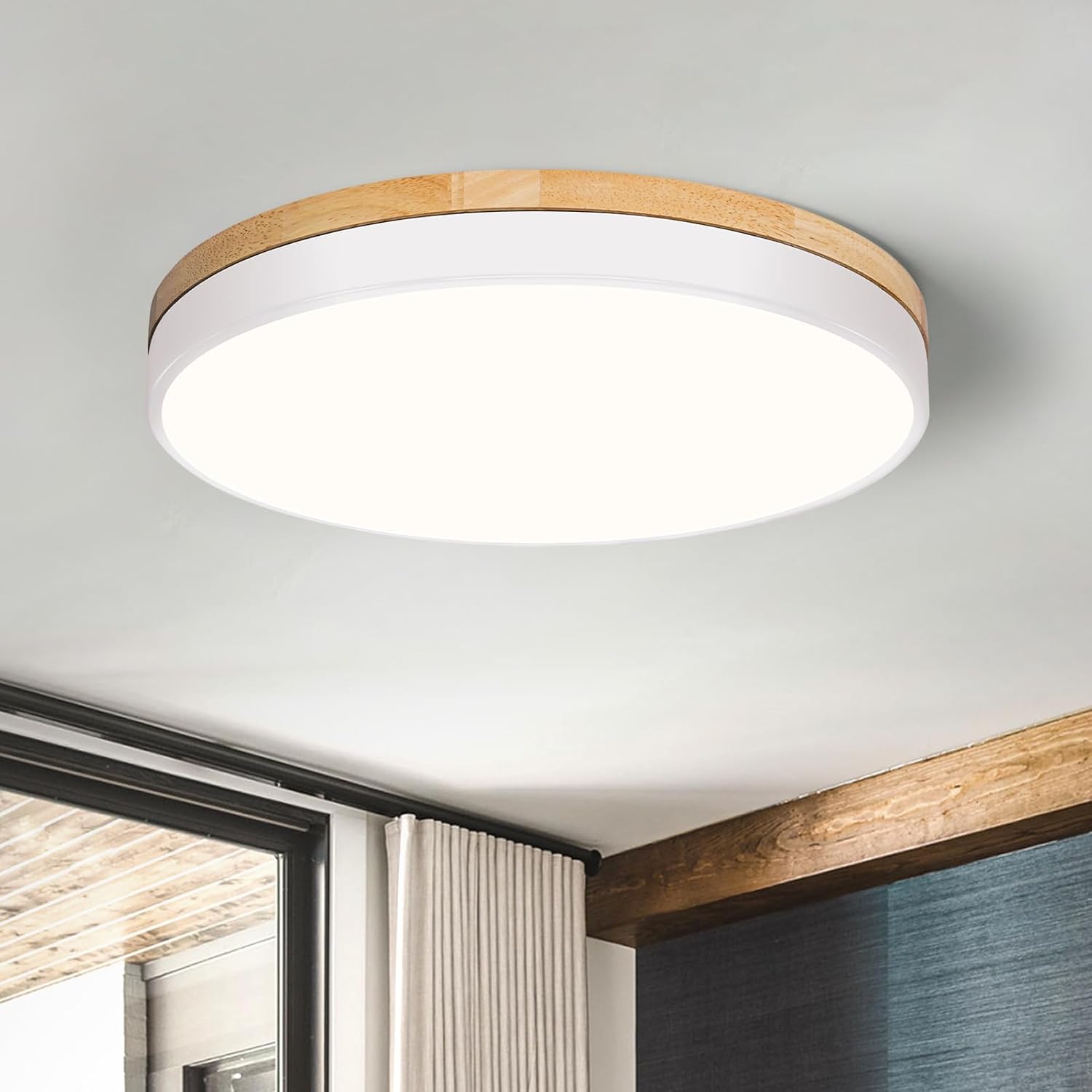 Modern Wood White Flush‑Mount Ceiling Light