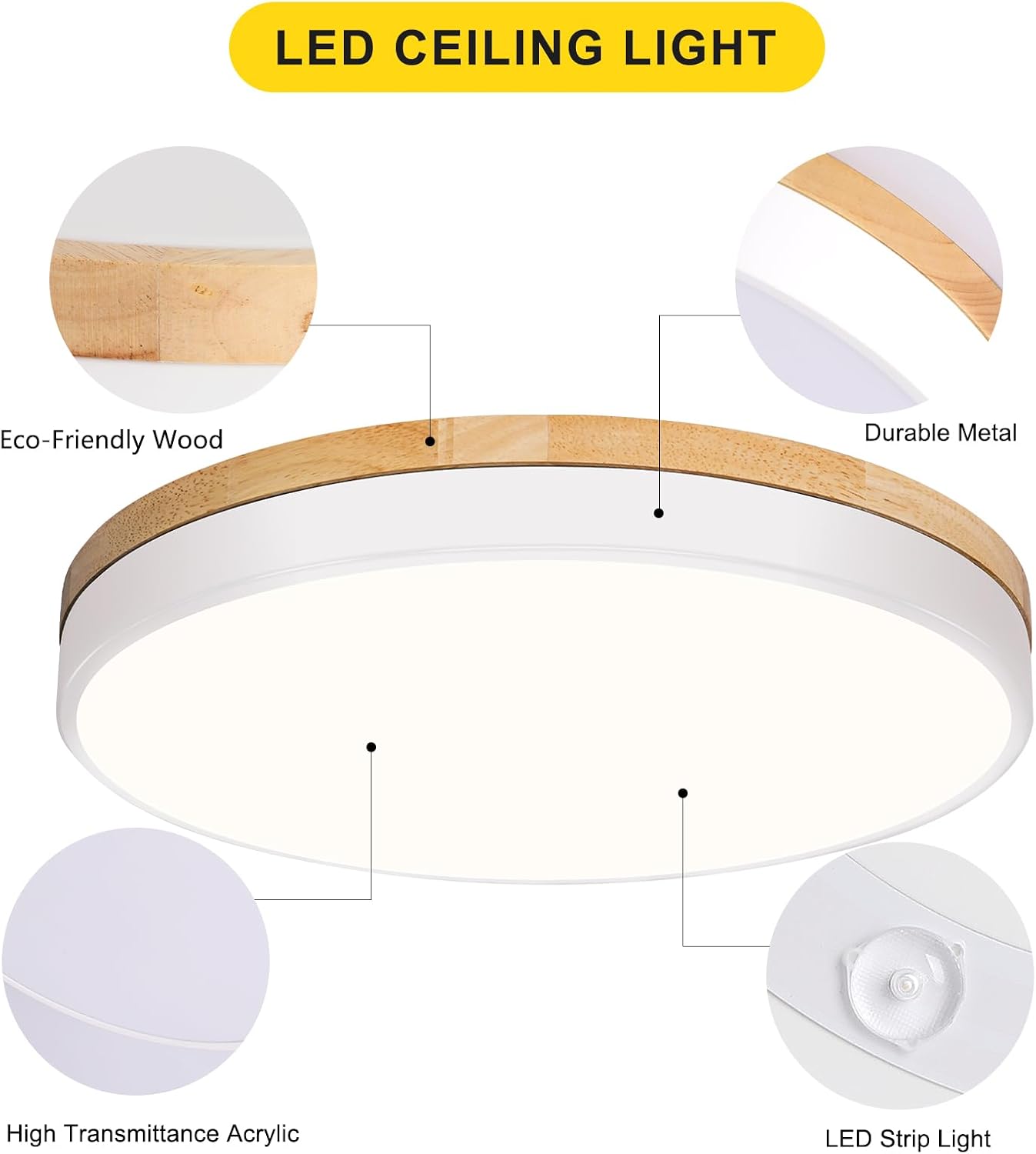 Modern Wood White Flush‑Mount Ceiling Light