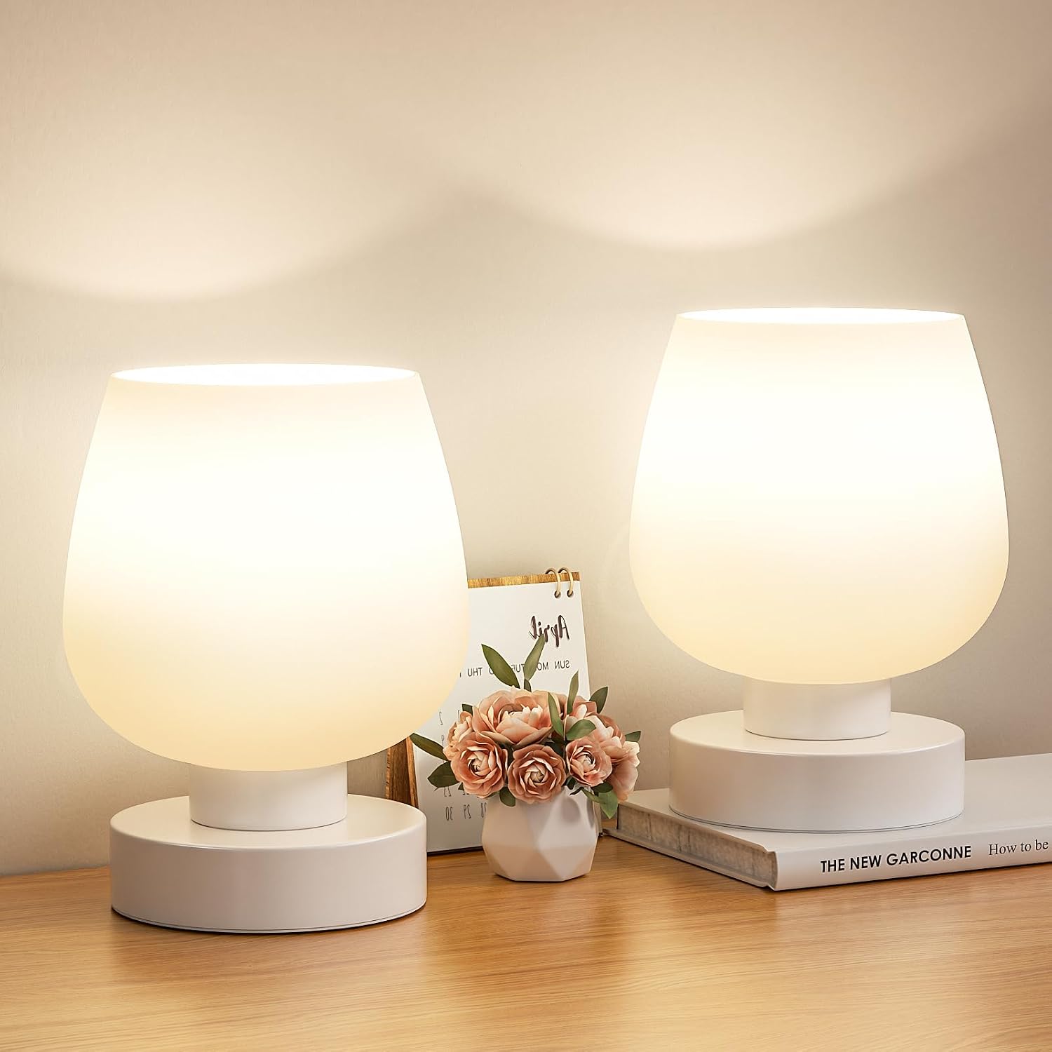 Touch‑Dimmable White Glass Lamp Set