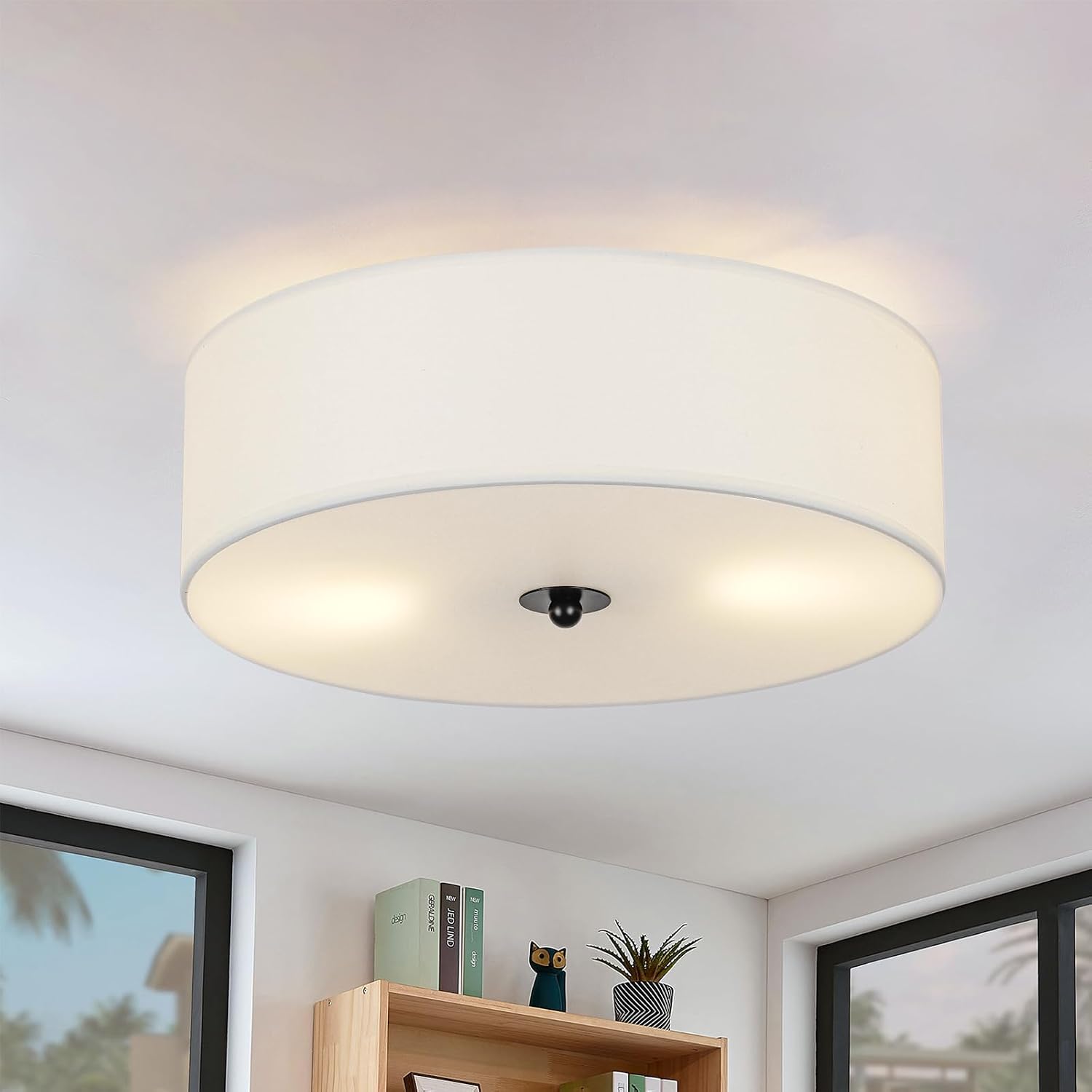 Modern Linen‑Drum Flush‑Mount Ceiling Light