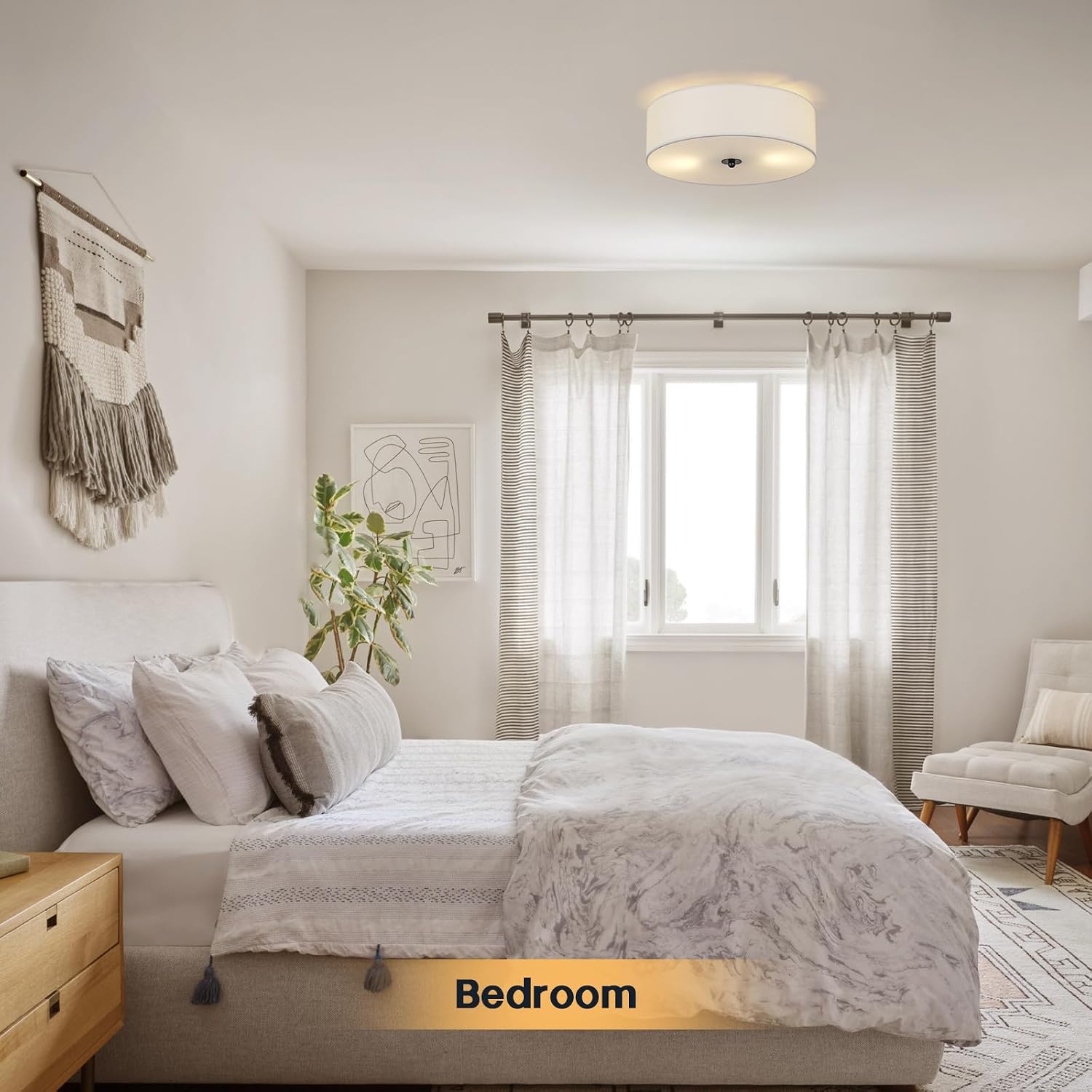 Modern Linen‑Drum Flush‑Mount Ceiling Light