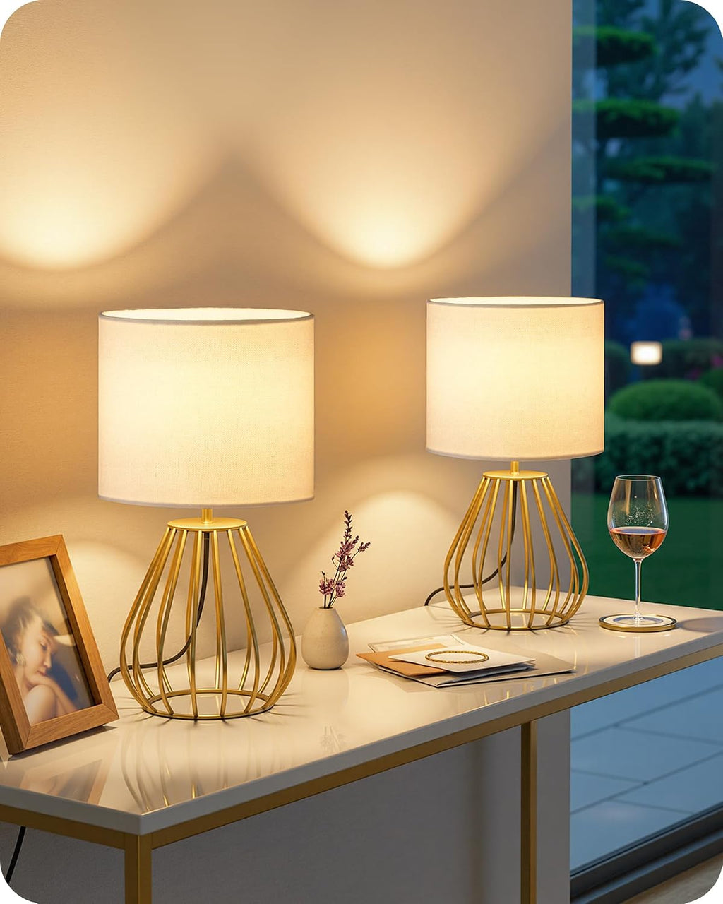 Gold Linen‑Shade Bedside Lamp Set