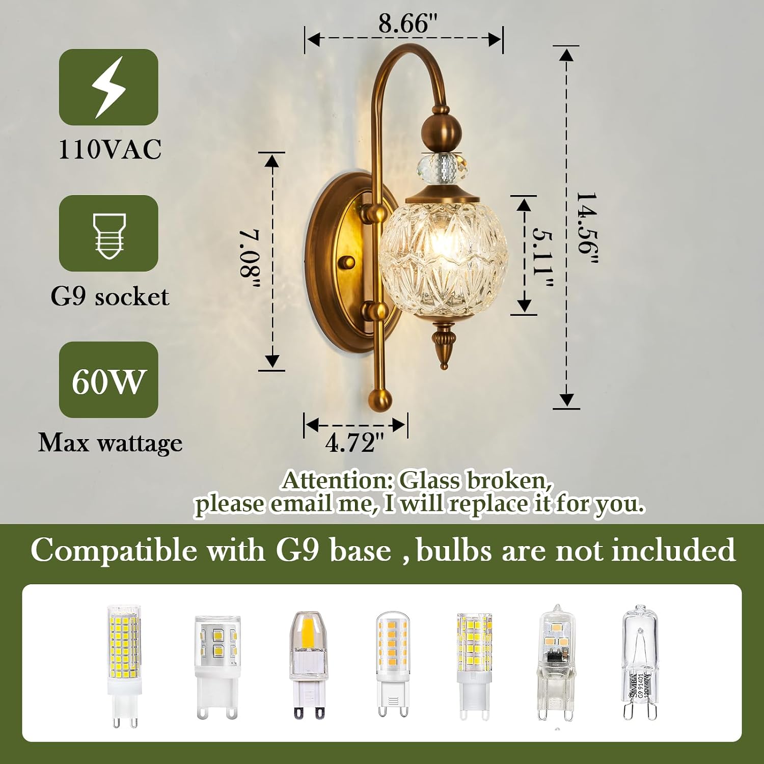Vintage Brass Globe Glass Wall Sconce