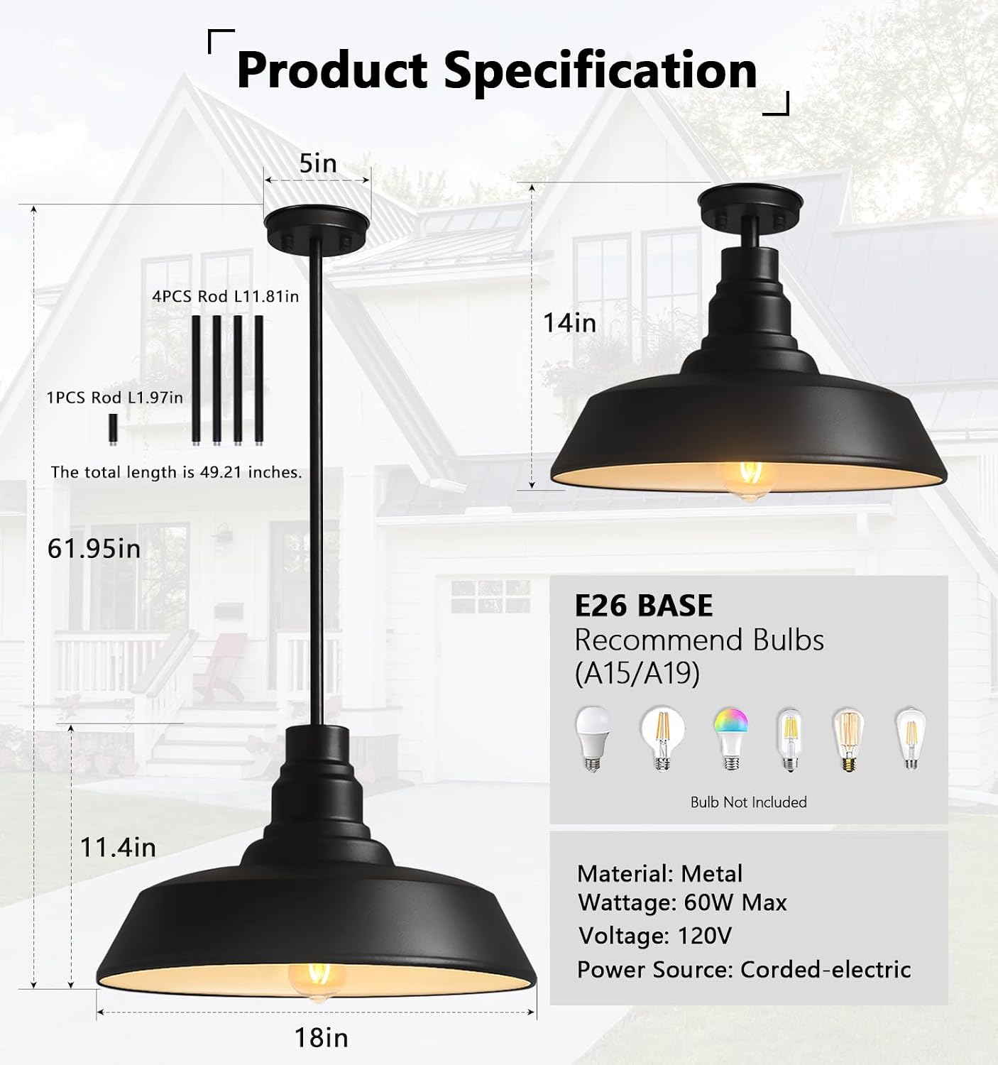 Large Black Farmhouse Dome Pendant Light