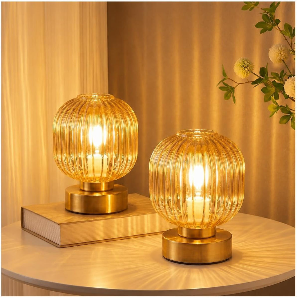 Vintage Dimmable Amber Glass Lamp Set