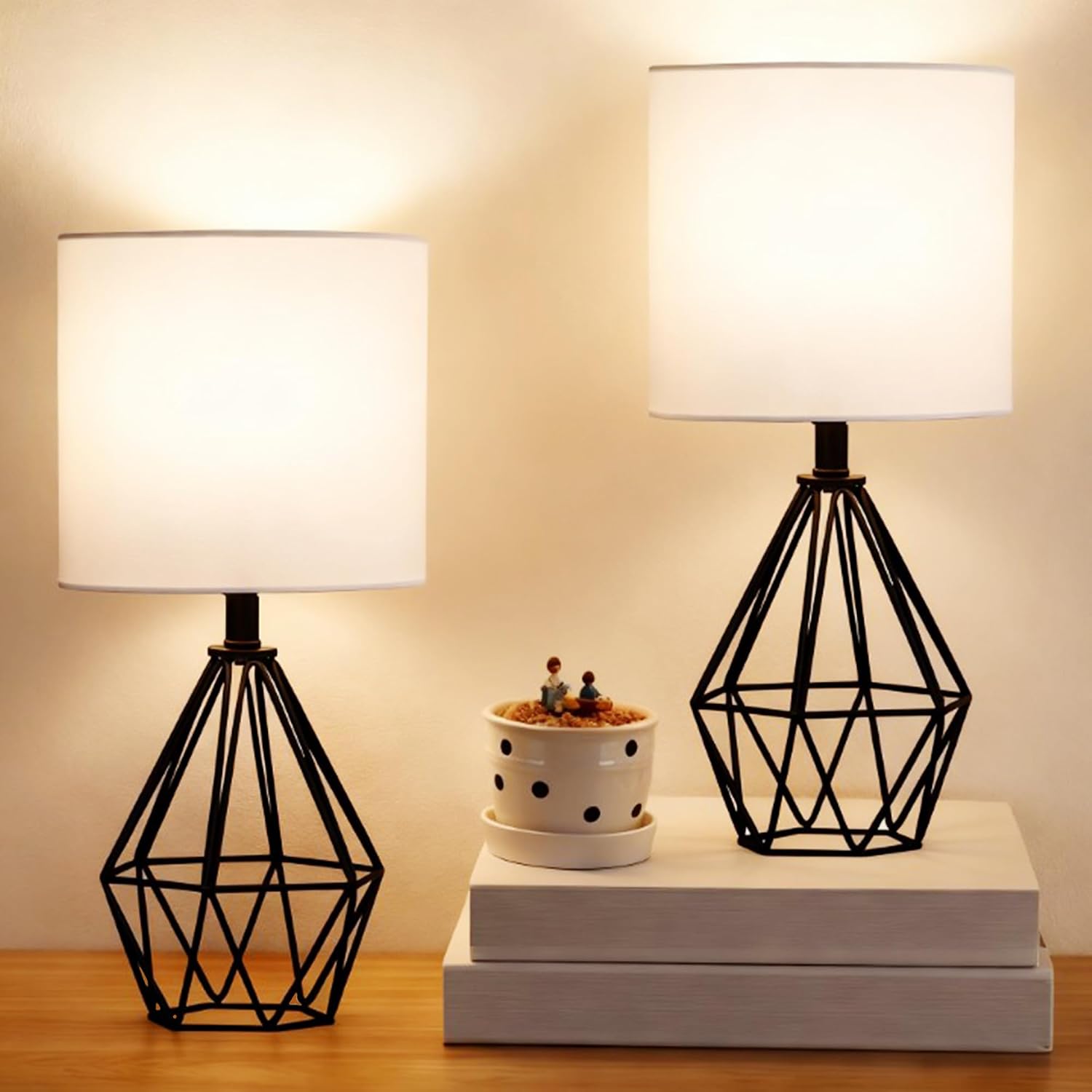 Black Cage‑Shade Bedside Lamp Set