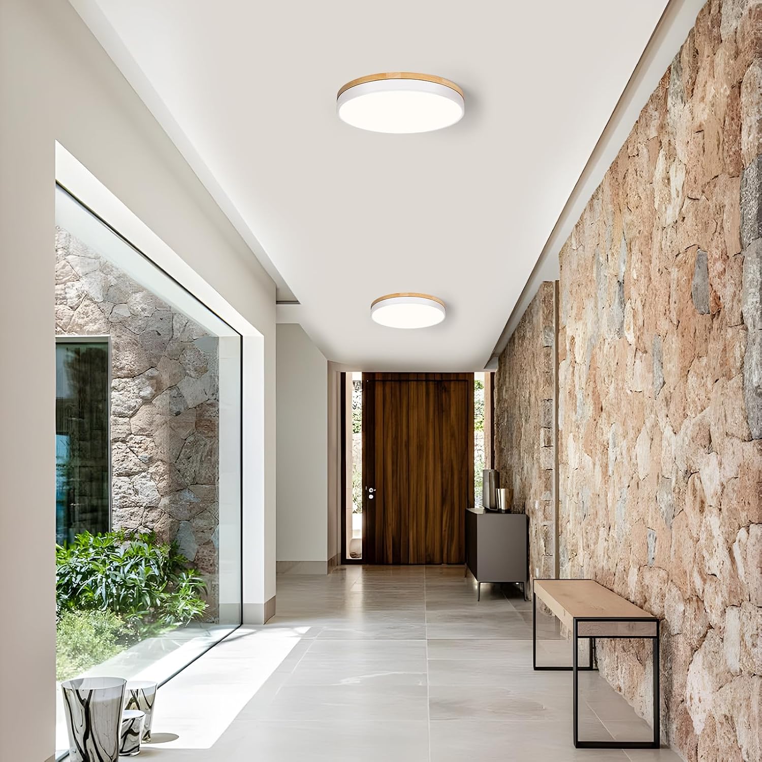 Modern Wood White Flush‑Mount Ceiling Light